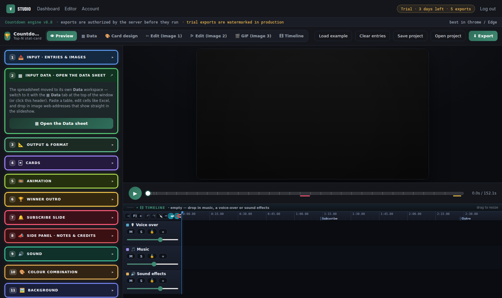 The Make Ranks editor: preview, 13 workspace panels, sound timeline